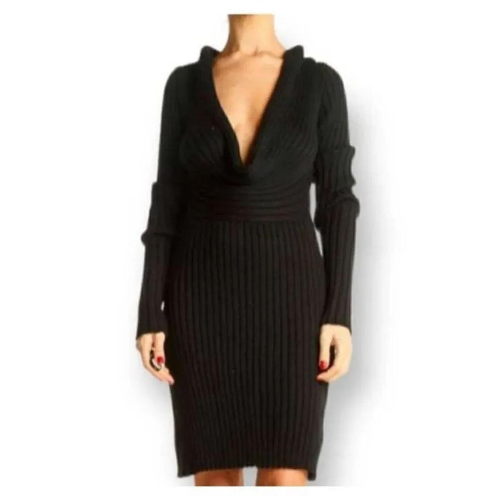 RENEE C. BY SO COOL PLUNGE BLACK KNIT SHIFT DRESS SZ.L EUC.